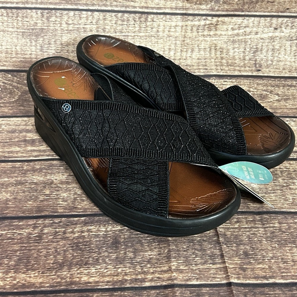 Bzees Womens Black Sparkle Stretch Wedge Slide Sandals Cloud Technology NWT